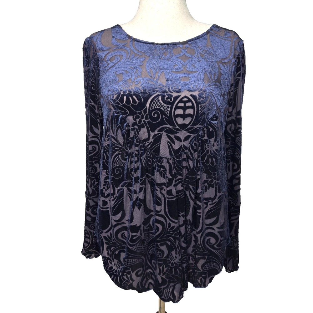 Whimisgoth Burnout Velvet Tunic Top Bell Sleeve Women's M Blue Statement Blouse
